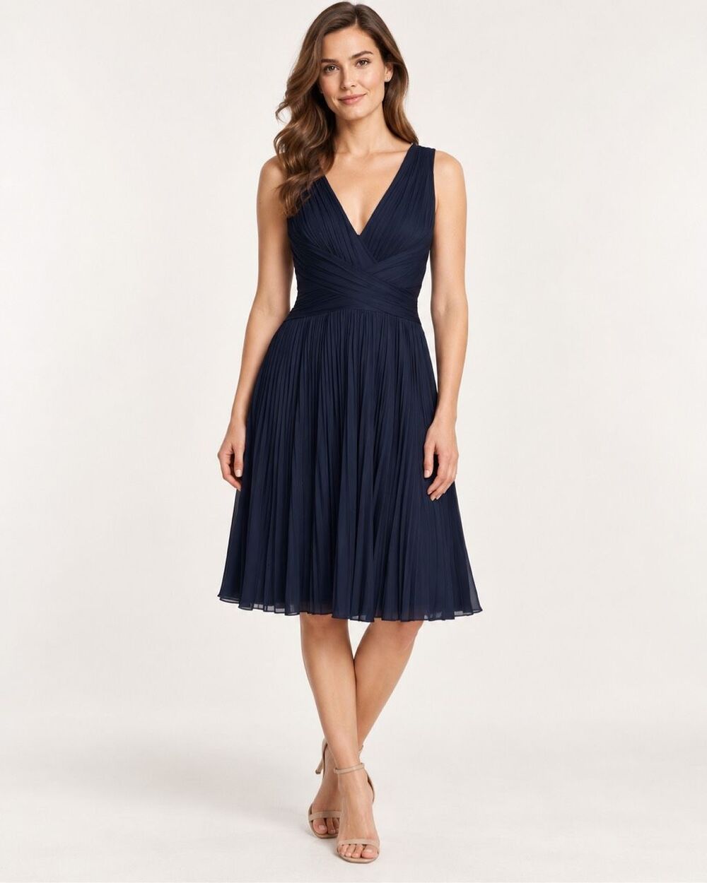 Halston Heritage Navy Pleated Fit & Flare Cocktail Wedding Guest Dress Size 4